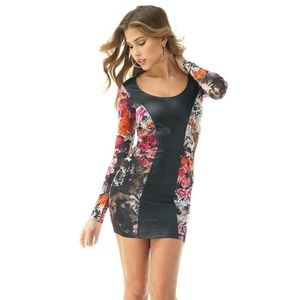 SKY Dress Aviana Mini Floral Leather Long sleeve Scoop Neck Lined Cut Ou…